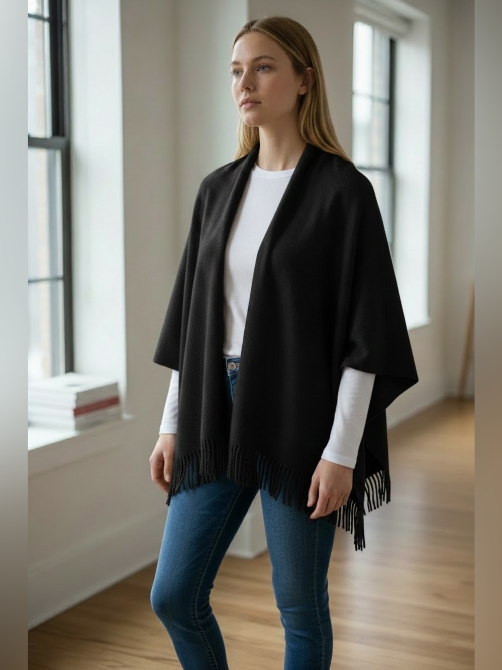 Brooks Brothers Black Fringe Open-Front Poncho